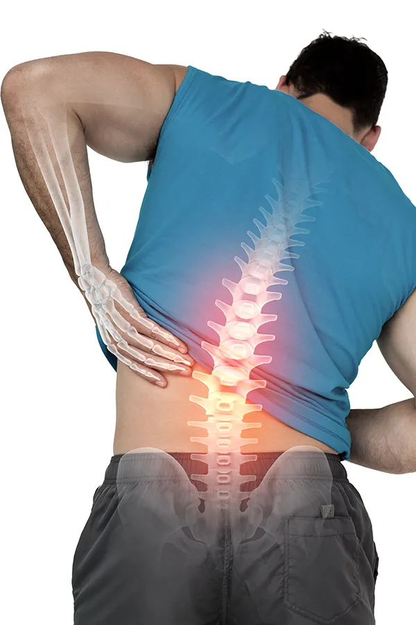 man experiencing back pain. spine highlighted red indicating irritation
